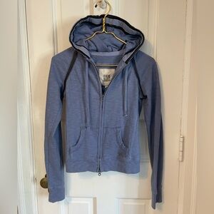 Vintage Ruehl No. 925 Zip Up Blue Hoodie with Faux Leather Trim. Size Small.